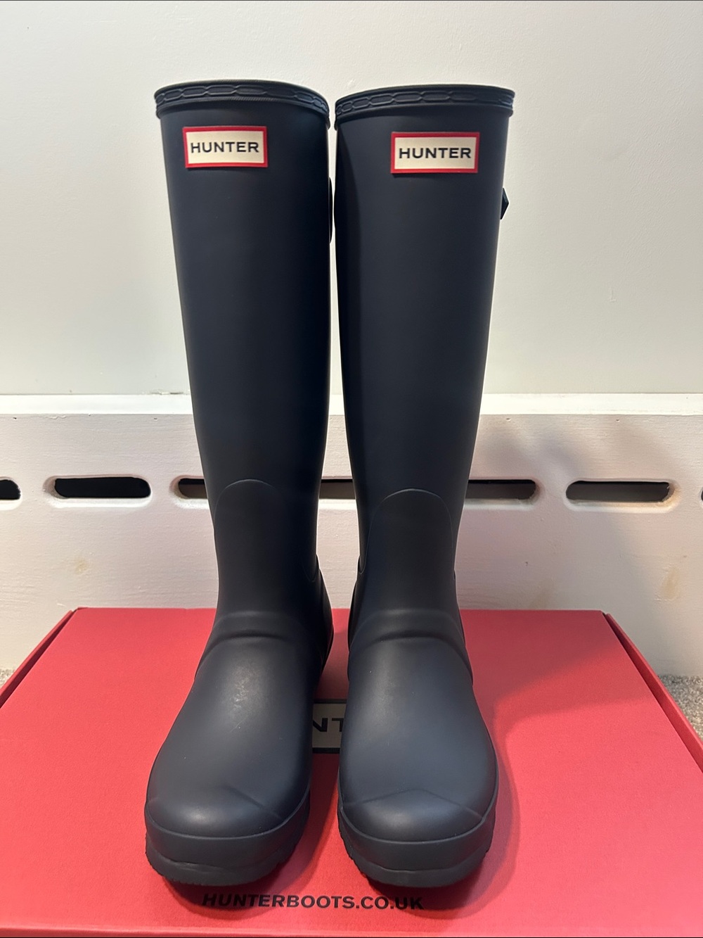 Women’s Tall Hunter Boots with Adjustable Back in matte Navy